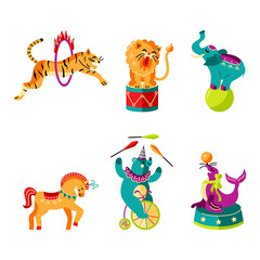 Obraz na płótnie Canvas Vector illustration set with circus animals. Flat and outline style design element isolated on white background for baby birthday party, patch, sticker, invitation.