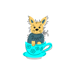 Vector illustration of yorkshire terrier dog in hand drawn sketch style. Flat and line design element isolated on white background.