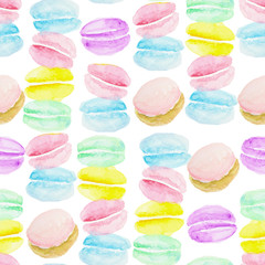 Watercolor hand painting colorful pastel macarons stacking in rows seamless pattern on white background.