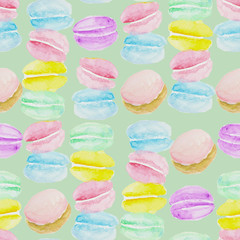 Watercolor hand painting colorful pastel macarons stacking in rows seamless pattern on green background.