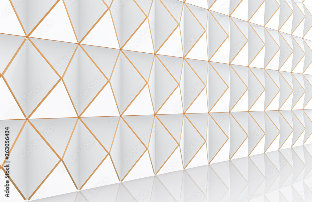 Poster 3d rendering. perspective view of modern luxurious white triangle grid with golden edge line pattern