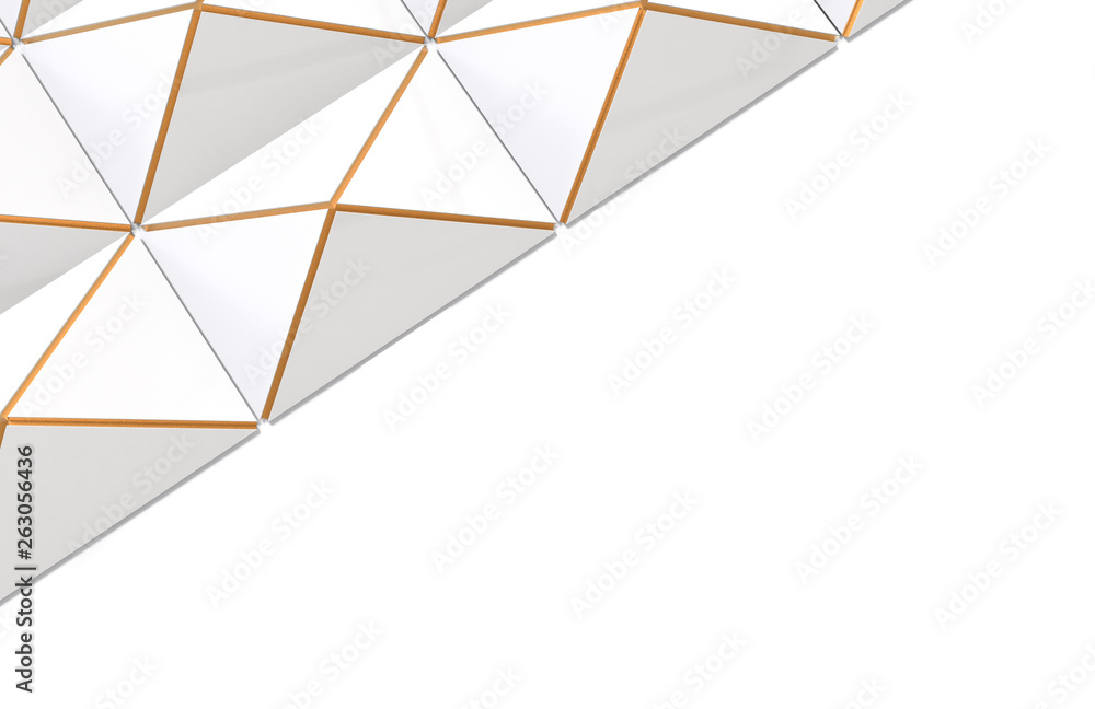 Poster 3d rendering. modern luxurious white triangle grid with golden edge line pattern design on white cop