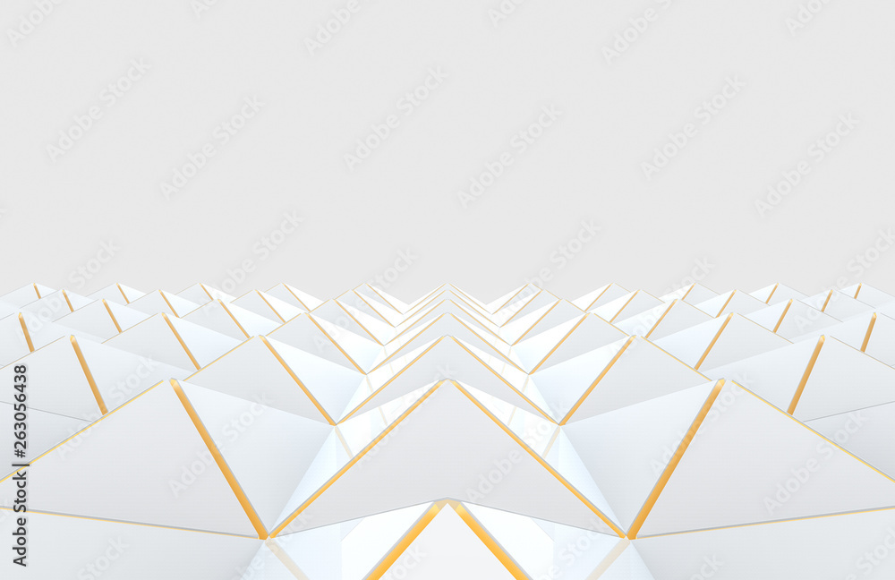 Poster 3d rendering. modern luxurious white triangle grid with golden edge line pattern design floor on gra