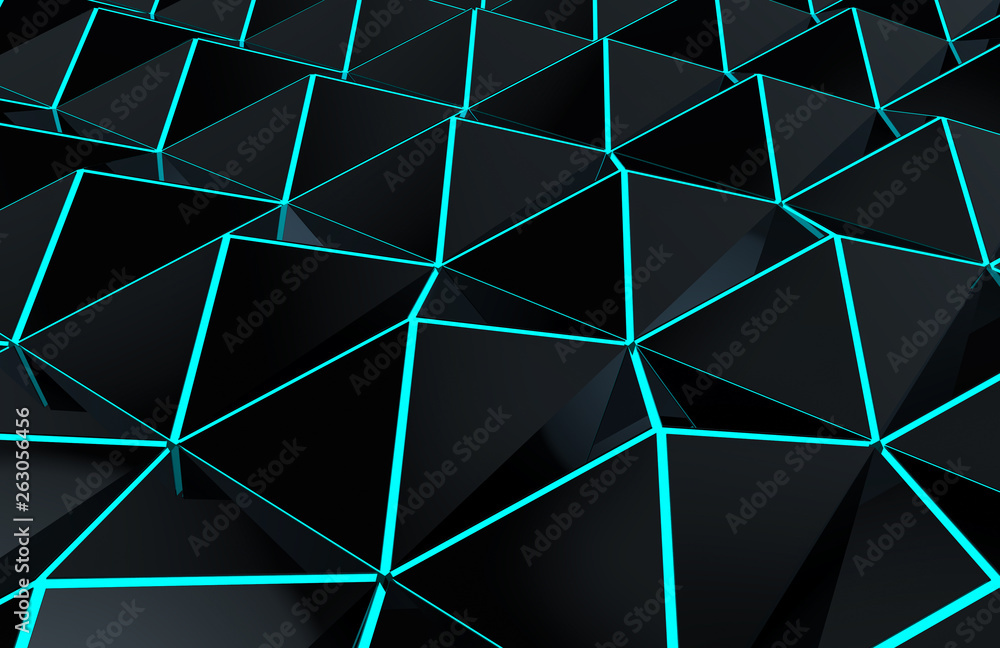 Poster 3d rendering. perspective view of modern futuristic dark triangle grid with blue beam light wall or 
