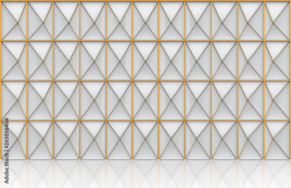Poster 3d rendering. modern luxurious white triangle grid with golden edge line pattern design facade wall 