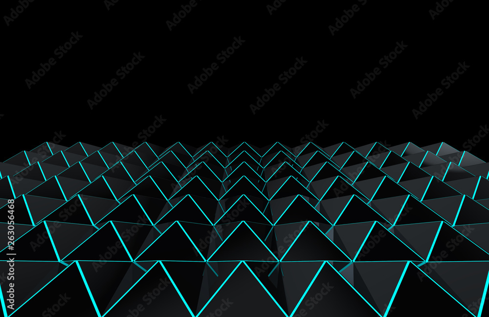 Poster 3d rendering. modern futuristic dark triangle grid with blue beam light floor design on black backgr