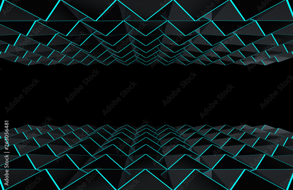 Poster 3d rendering. modern futuristic dark triangle grid with blue beam light up and down wall design back