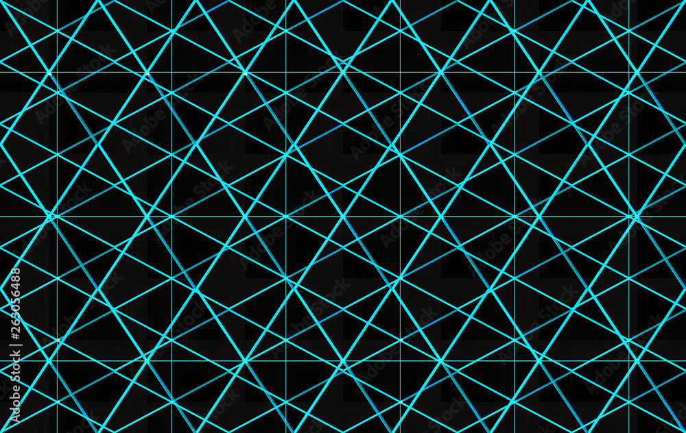 Poster 3d rendering. modern blue beam light stripe in grometric shape line pattern on dark wall background.