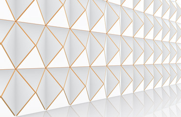 3d rendering. perspective view of  modern luxurious white triangle grid with golden edge line pattern design wall and floor background.