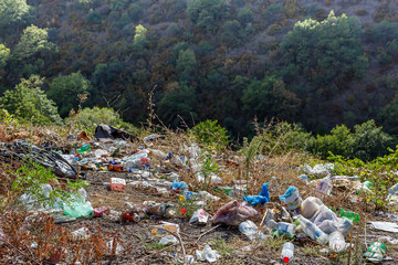 Plastic bottles, bags and other trash along the road. Trash at roadside. Concept of environmental pollution