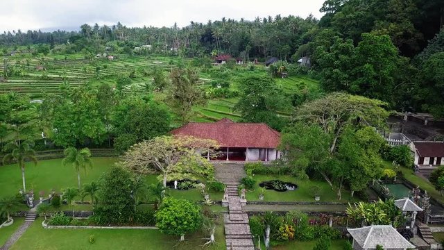 Aerial view of Tirta Ganga surrounded by rice fields and trees.