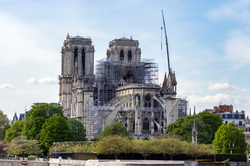 Paris, France - April 17, 2019: Notre Dame de Paris, the day after. Reinforcement work in progress...