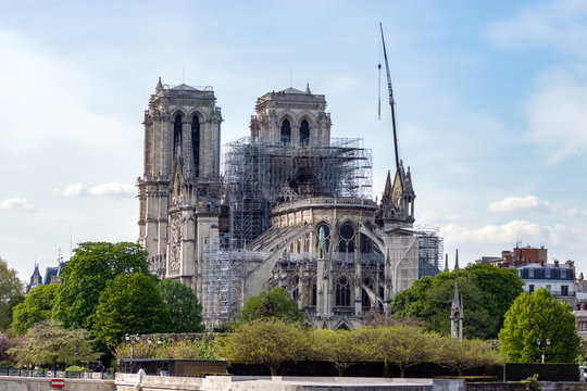 Paris, France - April 17, 2019: Notre Dame de Paris, the day after. Reinforcement work in progress after the fire, to prevent the Cathedral from collapsing.