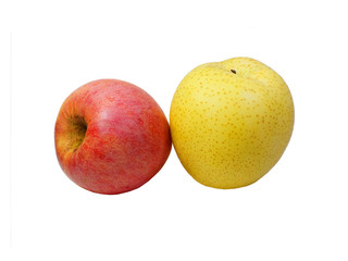 Fresh Apple and Yellow pear isolated on the white background