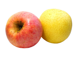 Fresh Apple and Yellow pear isolated on the white background