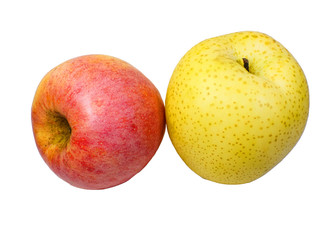 Fresh Apple and Yellow pear isolated on the white background