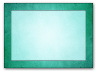 An isolated picture frame with an rich turquoise grunge texture frame and a light turquoise interior texture with glowing center. 