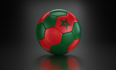 Football 3d concept. Ball with national flag of Morocco in the black metallic studio.