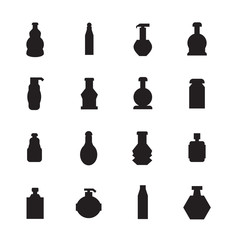 black bottle packaging icons vector set