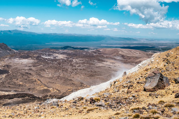 Beautiful Landscape view of Tongariro Crossing track on a beautiful day with blue sky, North Island, New Zealand.