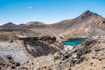 Beautiful Landscape view of Tongariro Crossing track on a beautiful day with blue sky, North Island, New Zealand.