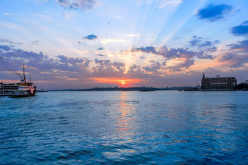 Istanbul, Turkey, 10 June 2007: City lines ferry, Sunset at Kadikoy