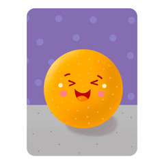 Kavai Orange. Playing card.  Illustration. Orange on a purple background with circles  on the table. Colorful Fruit Card Game. Children will easily remember the names of the fruit.
