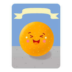 Kavai Orange. Illustration. Orange on a biue background  with a ribbon without a nameon the table. Colorful Fruit Card Game. Children will easily remember the names of the fruit.