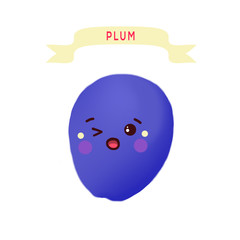 Kavai Plum. Cute Plume on a white background with a title. Cheerful, funny edible character.
