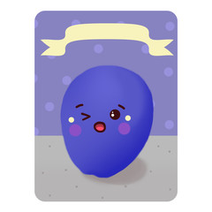 Illustration. Playing card.  Plum on purple background with circles   with a ribbon without a name on the table.. Colorful Fruit Card Game.