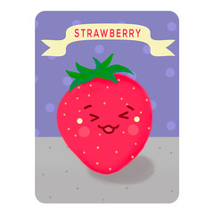 Kavai Strawberry. Playing card.  Illustration. Strawberry on a purple background with circles with the name on the table. Colorful Fruit Card Game. Children will easily remember the names of the fruit