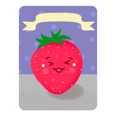 llustration. Kavai Strawberry. Funny edible character on the table. Strawberry on  purplebackground with a ribbon with a ribbon without a name. Colorful Fruit Card Game.