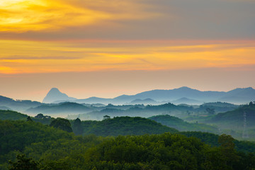 Obraz premium View point Samed Nang Chee Landmark in the Andaman sea and Phangnga Thailand On the forest among the valleys At sunrise in the morning When the sky is golden