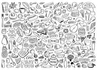 Hand drawn set of healthy food ingredient doodles with lettering in vector