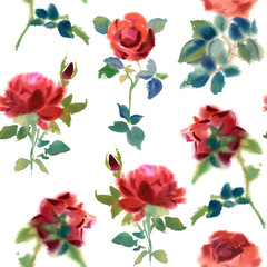 Seamless pattern with watercolor red roses