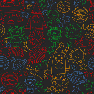 Vector set of space elements icons in doodle style. Painted, colorful, pictures on a piece of paper on white background. seamless.