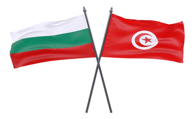 Bulgaria and Tunisia, two crossed flags isolated on white background. 3d image