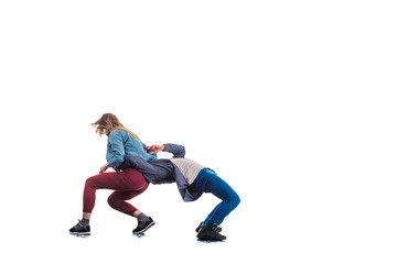 Two gymnastics are having fun while practicing on white backgroundg fun