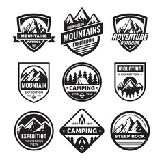 Set of adventure outdoor concept badges, camping emblem, mountain climbing logo in flat style. Exploration sticker symbol. Creative vector illustration. Graphic design in black and white colors.  