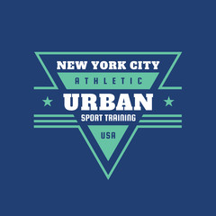 Urban sport training athletic USA - typography vintage logo for t-shirt. Retro artwork badge for outfit print of two colors. Vector illustration on blue background. New York City. Graphic design.