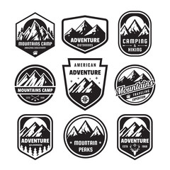 Set of adventure outdoor concept badges, camping emblem, mountain climbing logo in flat style. Exploration sticker symbol. Creative vector illustration. Graphic design in black and white colors.  