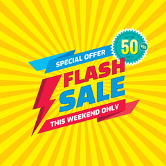 Flash sale - banner design vector illustration. Discount up to 50% off. 