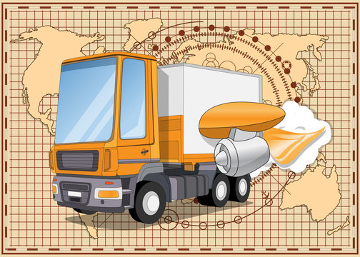 A truck with a jet engine. Against the background contour of the map. Vector illustration. 