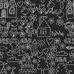 Kindergarten pattern, drawn kids garden elements pattern, doodle drawing, vector illustration, colorful. seamless.