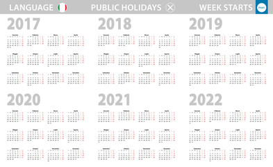 Calendar in Italian language for year 2017, 2018, 2019, 2020, 2021, 2022. Week starts from Monday.