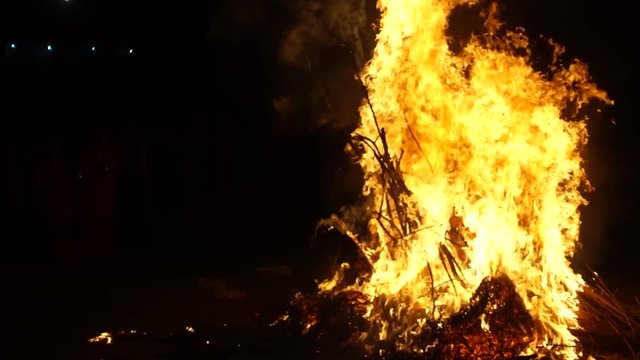 Fierce blaze of wooden bonfire on hindu festival of holi lohri