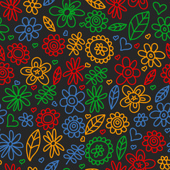 Vector set of child drawing flowers icons in doodle style. Painted, colorful, pictures on a piece of paper on white background. seamless