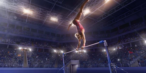 Fotobehang Female athlete doing a complicated exciting trick on horizontal gymnastics bars in a professional gym. Girl perform stunt in bright sports clothes © Alex