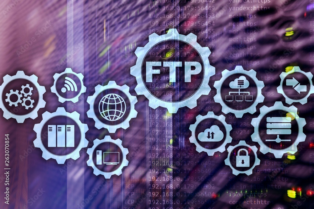 Poster ftp. file transfer protocol. network transfer data to server on supercomputer background.