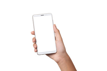 Hand woman holding smartphone with blank screen isolated on white background with clipping path